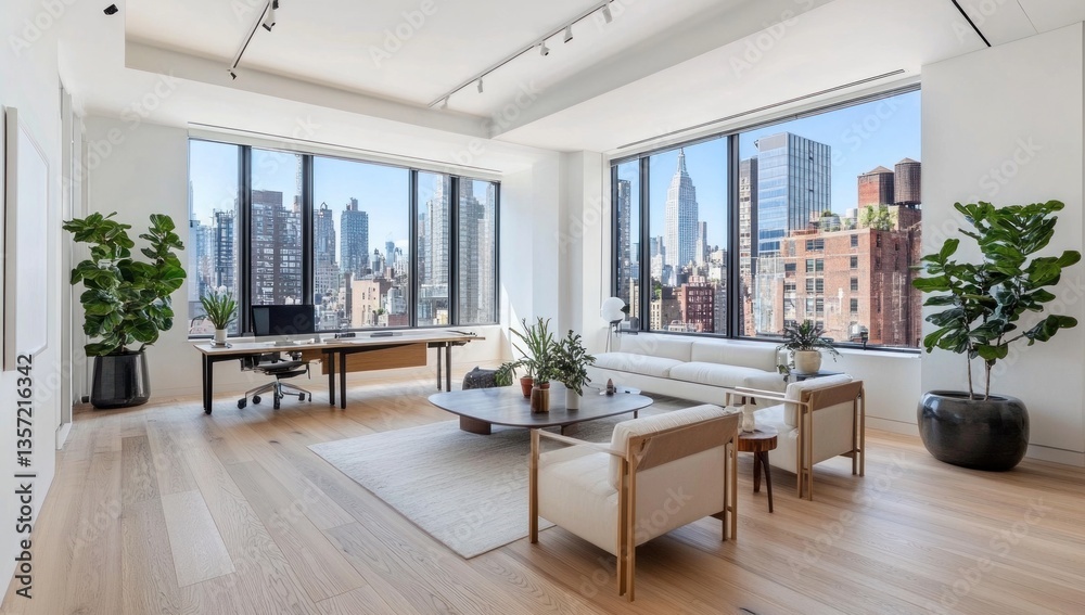 Fototapeta premium Modern living space showcasing a bright interior with a city view