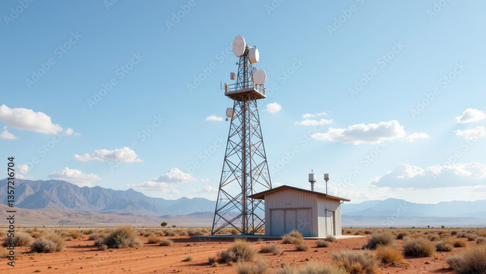 A lone wildfire lookout tower stands tall against a clear desert sky with mountains on the horizon. A lone wildfire lookout tower stands tall against a clear desert sky with mountains on the horizon.