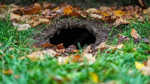 A curious view of a rabbit hole in the ground, surrounded by green grass and fallen leaves. 