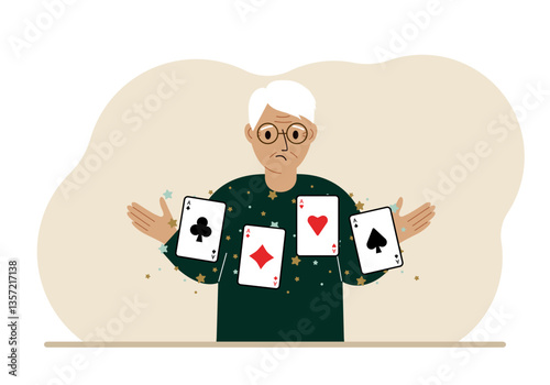 Man holding playing cards cards. Playing combination of 4 aces or four of a kind. Vector flat illustration