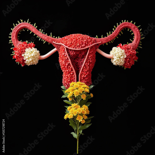 A flower arrangement of a woman's reproductive organs. The arrangement is made of red flowers and yellow flowers. The arrangement is on a black background