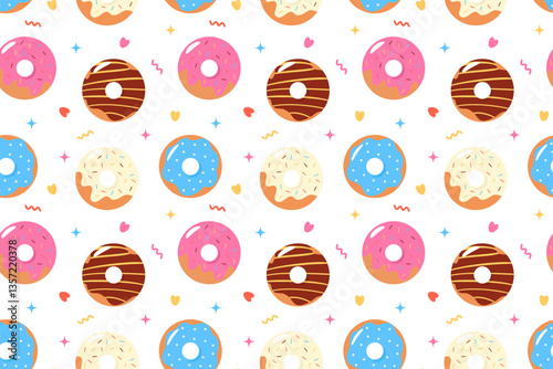 Seamless pattern of colorful glazed donuts with sprinkles. Perfect for menus, recipes, fabrics, textiles, backgrounds, wallpapers, packaging, wrapping, paper