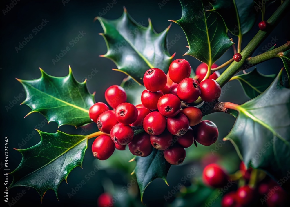 Obraz premium Low Light Holly Berries Close-Up: Festive Winter Nature Stock Photo