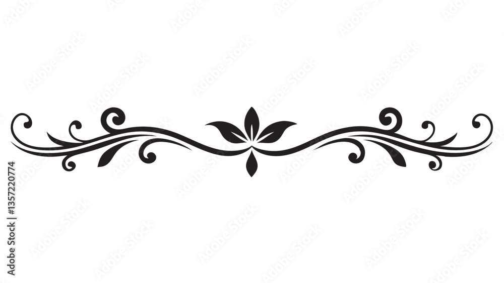 Elegant Decorative Divider Line with Symmetric Ornamental Border, Featuring Floral Motif and Abstract Flourish Filigree Elements Elegant Decorative Divider Line with Symmetric Ornamental Border, Featuring Floral Motif and Abstract Flourish Filigree Elements