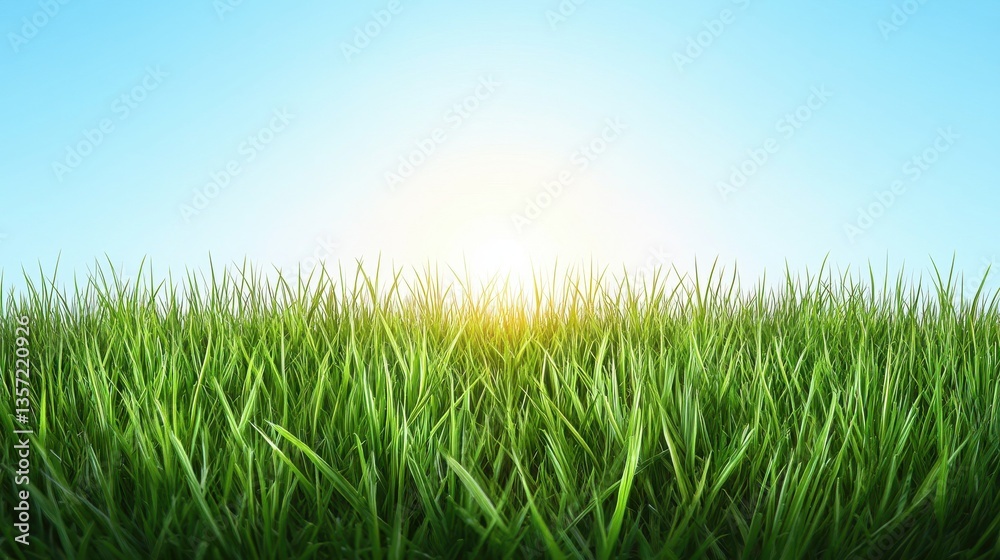 A vibrant field of green grass under a bright blue sky, with the sun rising in the background, creating a serene and refreshing atmosphere. A vibrant field of green grass under a bright blue sky, with the sun rising in the background, creating a serene and refreshing atmosphere.