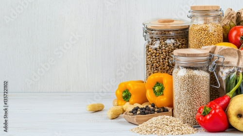 Budget-friendly economical groceries. Vibrant jars filled with grains and colorful vegetables on a rustic wooden table.