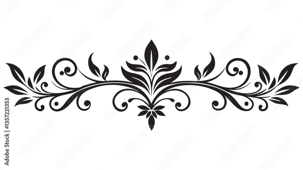 Elegant Decorative Divider Line with Symmetric Ornamental Border, Featuring Floral Motif and Abstract Flourish Filigree Elements Elegant Decorative Divider Line with Symmetric Ornamental Border, Featuring Floral Motif and Abstract Flourish Filigree Elements