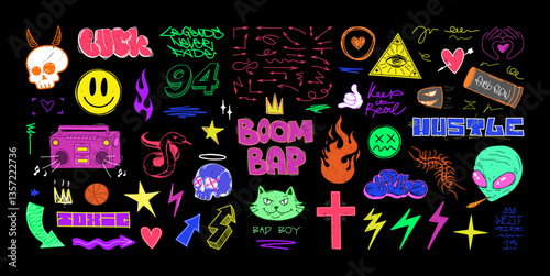 Children's retro sketches, 90s and Y2K in a collage of sketches and scribbles. Y2K aesthetics, Hip-Hop trends of the 00s and 90s. Hand drawn doodles collage. Retro colorful scribble. Vector graphic