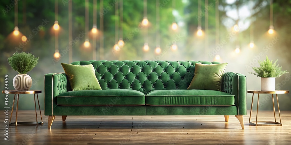 Obraz premium Lush Green Velvet Couch in Modern Living Room with Bokeh Background - Interior Design Stock Photo