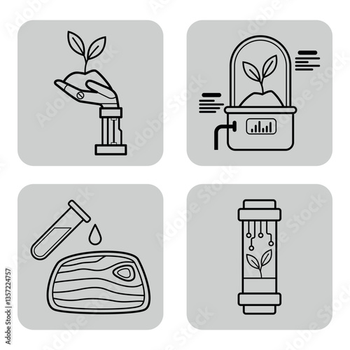 Collection of line icons with technology trends in sustainable agriculture. Robot hand nurturing plant, hydroponics, lab testing, and plant growth systems