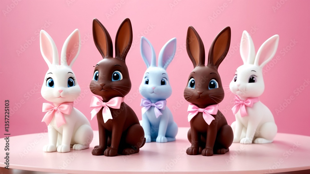 Fototapeta premium A group of chocolate bunnies sitting on top of a pink table.