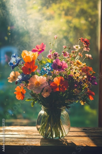 A vibrant bouquet of fresh flowers placed on a rustic wooden table with morning sunlight casting gentle reflections on the petals 