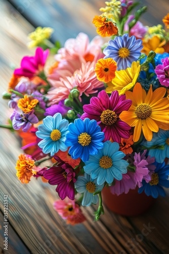 A vibrant bouquet of fresh flowers placed on a rustic wooden table with morning sunlight casting gentle reflections on the petals