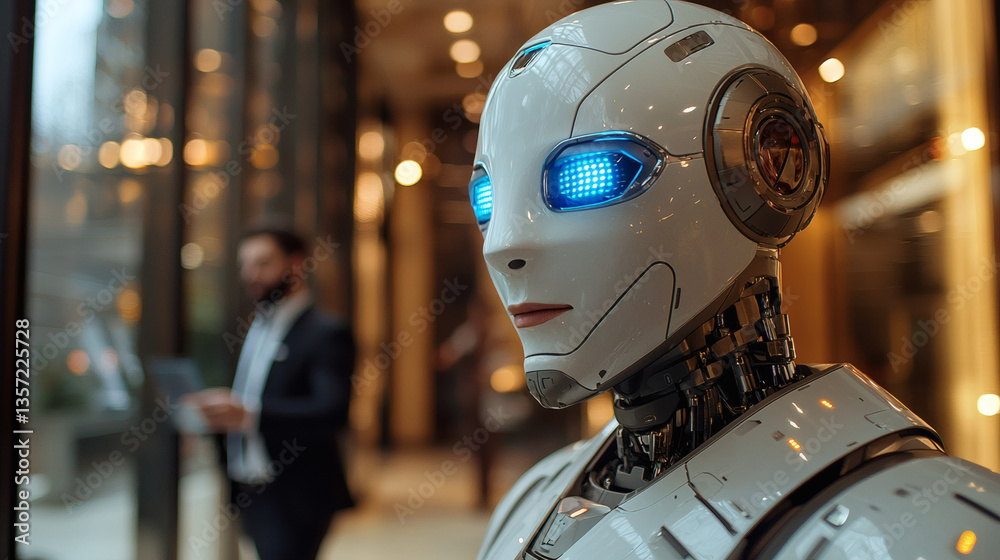 Fototapeta premium Business Meeting of the Future: Human and AI Robot