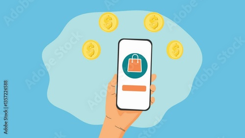 Smartphone-Powered Retail, Engaging 2D Animation Showcasing Mobile Technology in E-Commerce and Digital Trade