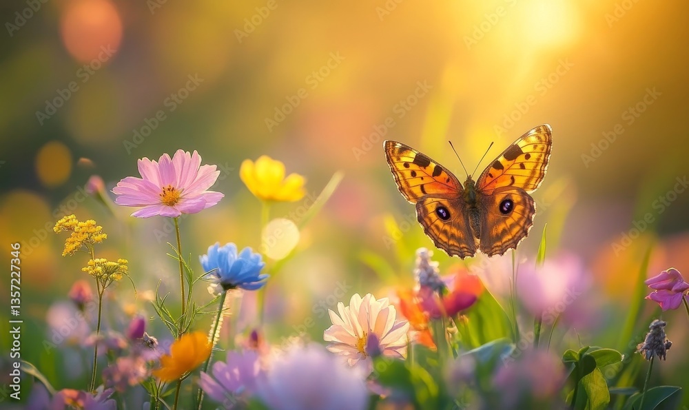 a vibrant butterfly flying gracefully over a field of colorful flowers, bathed in warm sunlight