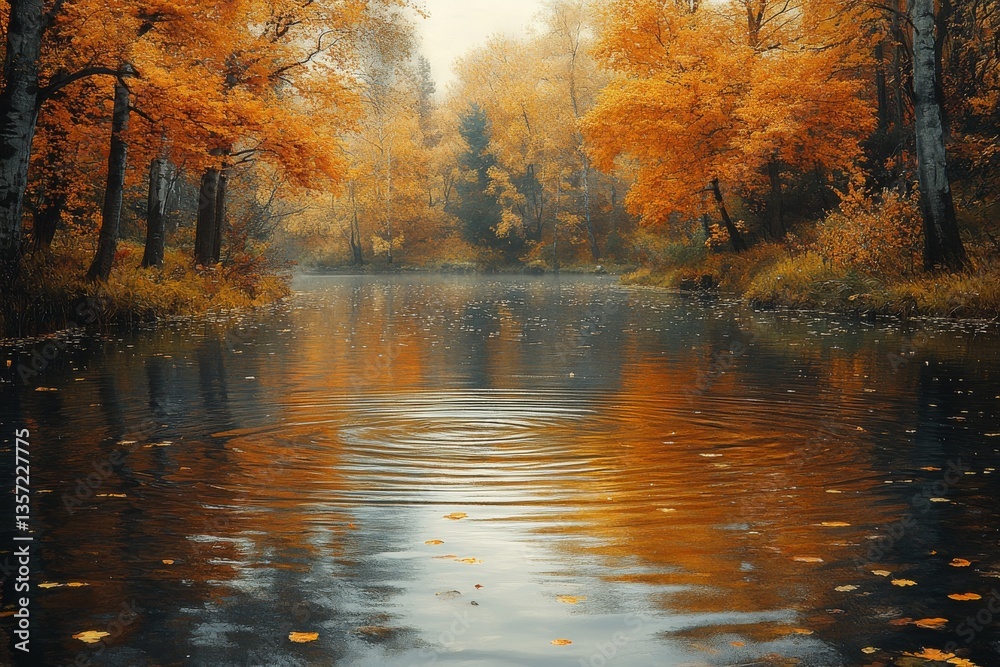 Obraz premium Autumn river reflecting golden and crimson foliage, gentle ripples in the water, hyper-realistic lighting and textures