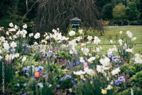 Colorful Spring Garden with Birdhouse in Background