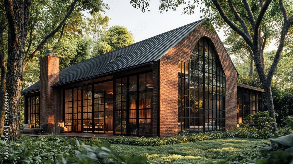 Obraz premium An old brick house with a bold black metal roof and large glass windows framed in warm wood accents