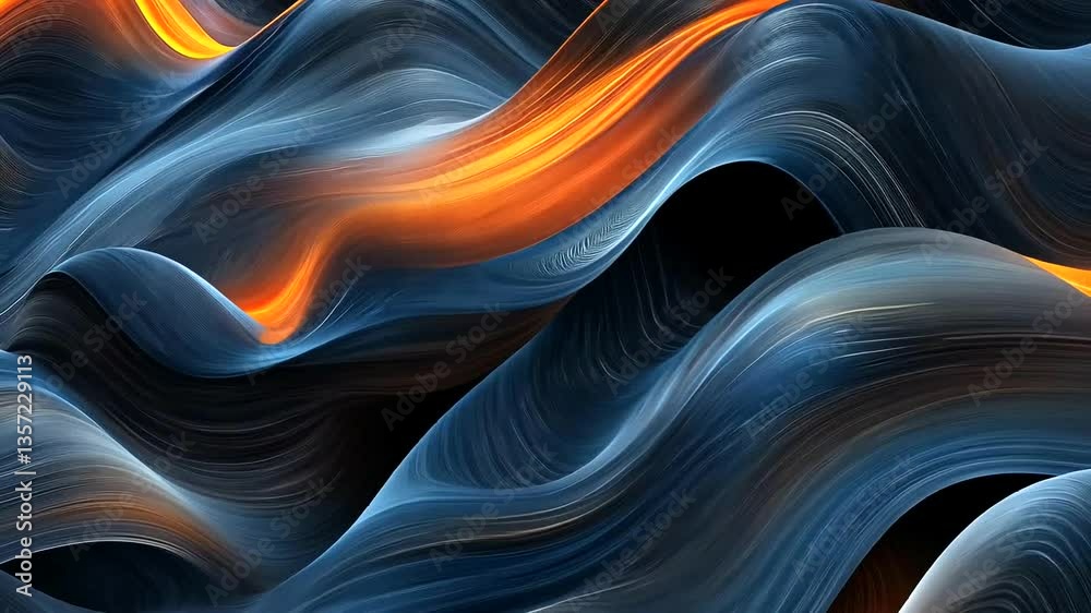 Abstract waves of orange and blue swirl together, creating a dynamic visual effect