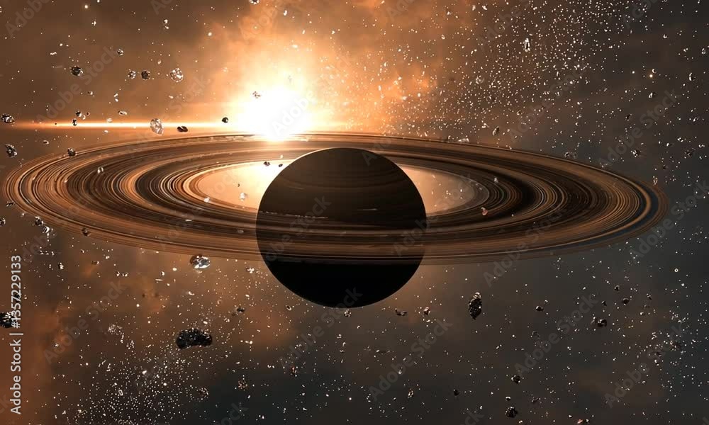 Orbiting Planet with Rings and Debris Field in Deep Space