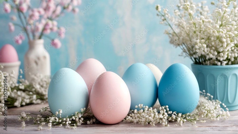 Fototapeta premium A group of pastel colored eggs sitting on top of a wooden table.