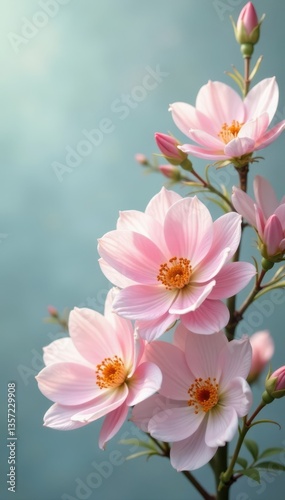 Delicate pastel blooms, ethereal arrangement, serene backdrop, flowers, airy