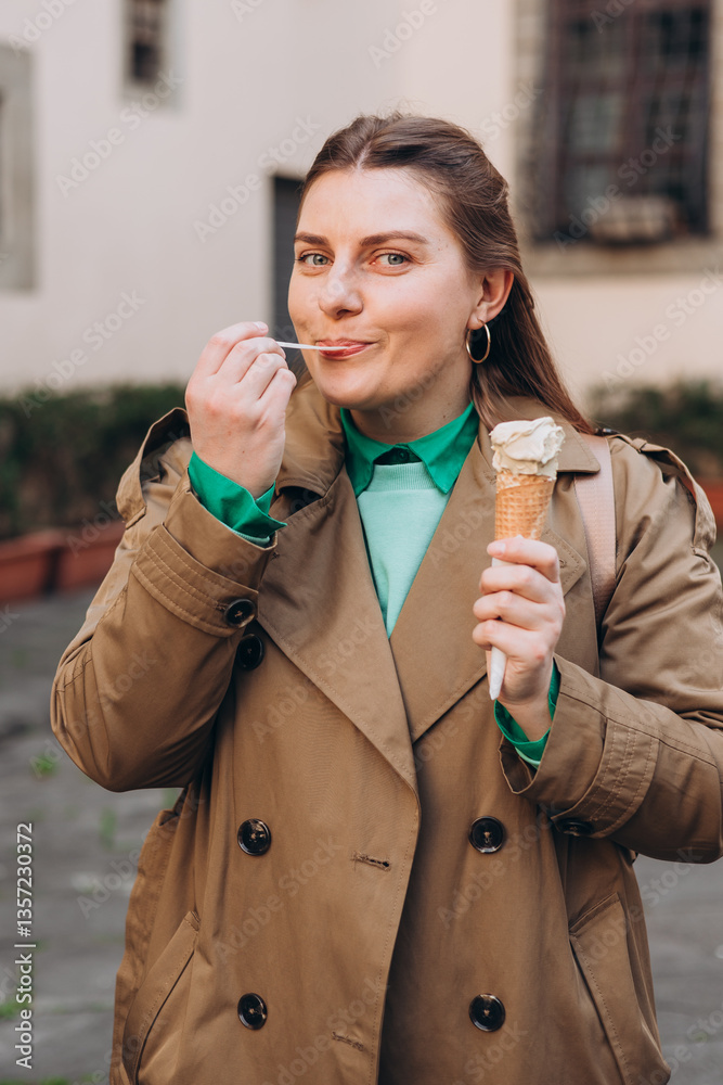 Tasty pistachio ice cream cone in hand. Closeup image of woman hand holding fresh waffle cone with pink ice cream Outdoors, Top Italy food. Lifestyle, travel, people concept.
