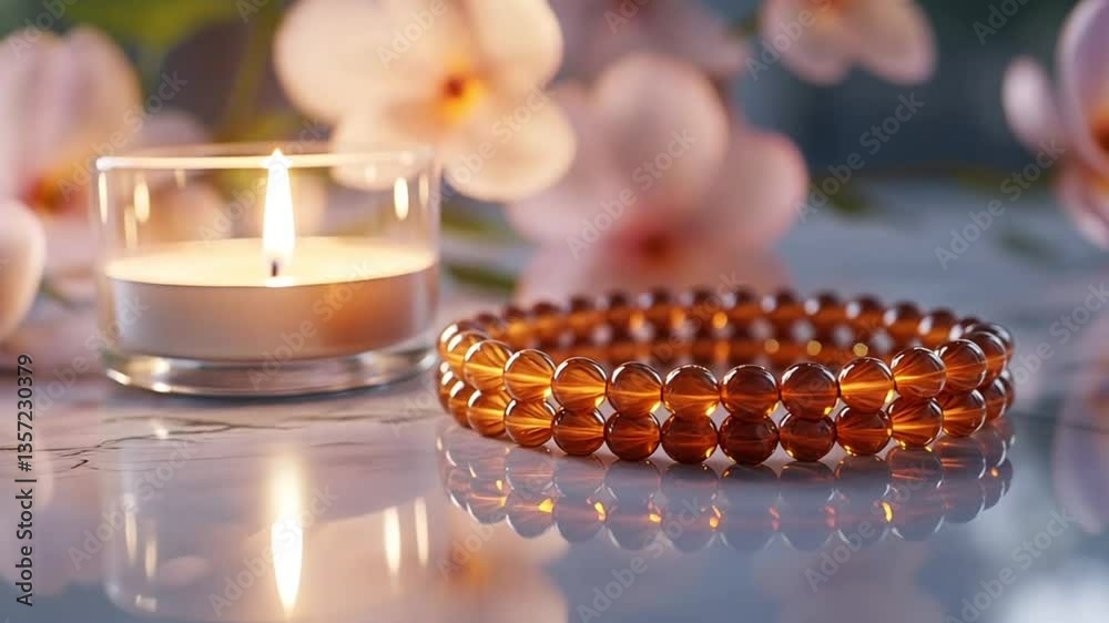 Amber bracelet on marble with candles and flowers; elegant, peaceful atmosphere; jewelry display