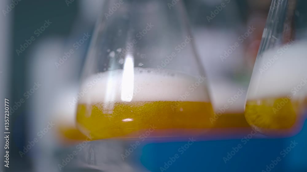 A close-up shot of laboratory flasks filled with golden beer, showcasing the quality control process. The beer inside the flasks gently swirls, creating a frothy layer on top. The glass flasks are pos