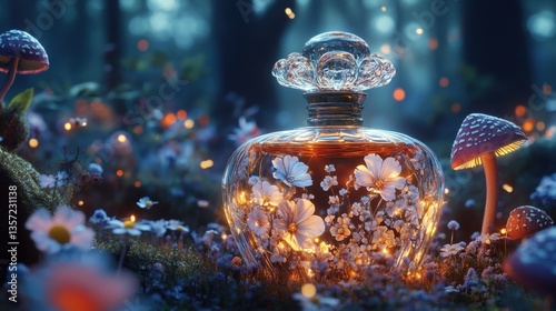 A glass perfume bottle with an intricate design of mushrooms and flowers, surrounded glowing light particles. The scene is set in the magical forest from Alice's Wonderland.