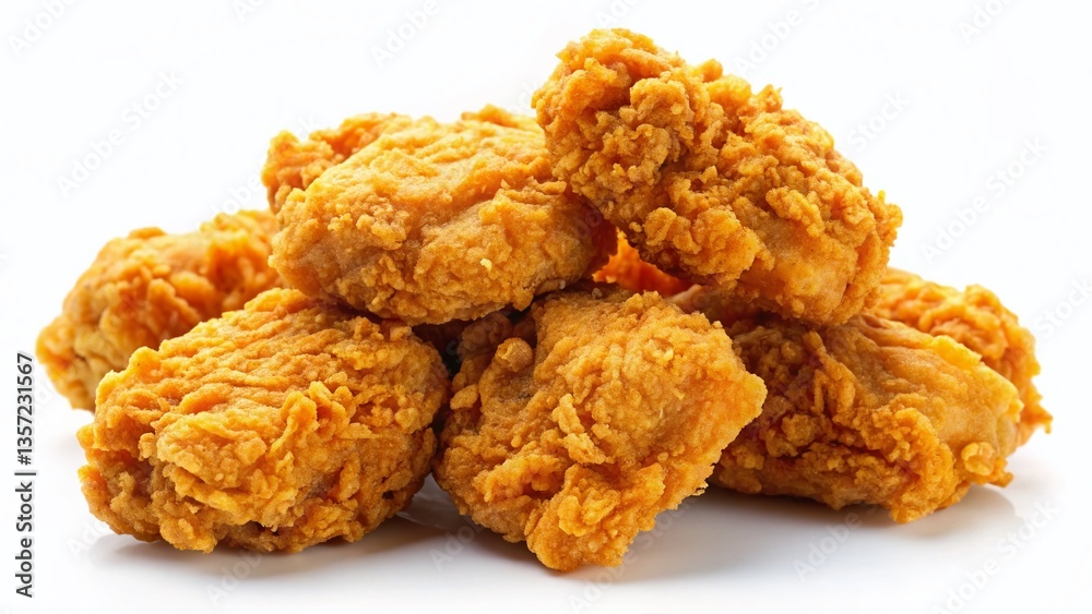 Crispy Flaming Fried Chicken Nuggets, Isolated on White Background - Stock Photo Crispy Flaming Fried Chicken Nuggets, Isolated on White Background - Stock Photo