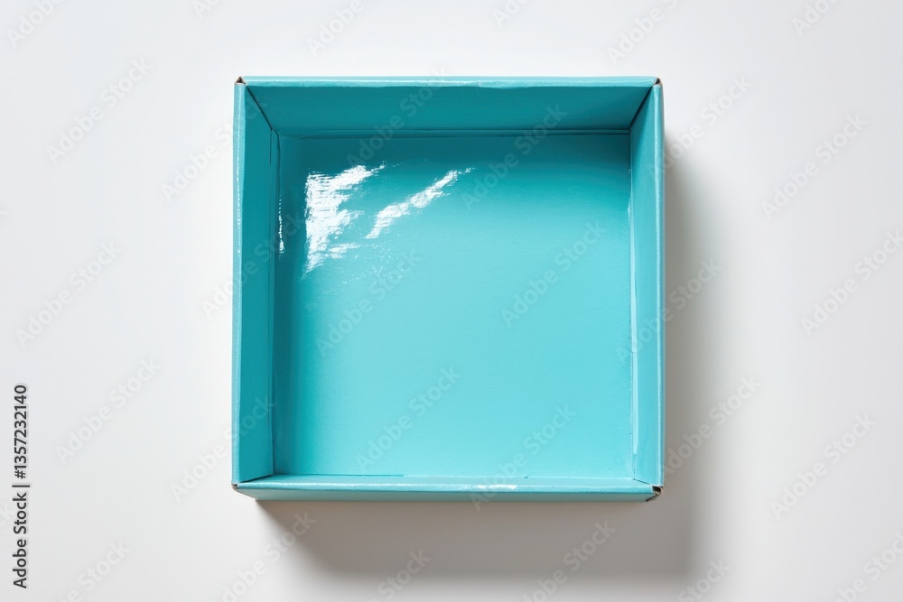 Minimalist Cardboard Box with Symmetric Design in Vibrant Turquoise Color on White Surface Minimalist Cardboard Box with Symmetric Design in Vibrant Turquoise Color on White Surface