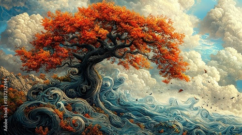 Autumn Tree, Cloudy Sky, Majestic Roots