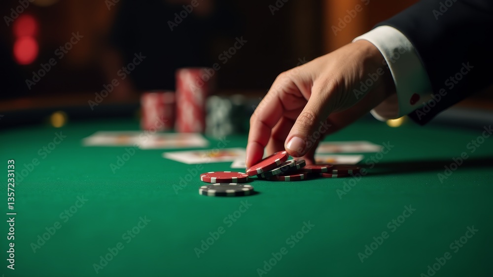 Man Placing Red Poker Chips On Table Man Placing Red Poker Chips On Table