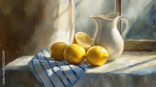 A still life painting of lemons on a table with a blue and white striped cloth, a white ceramic pitcher, and golden hour light coming through the window. 
