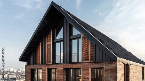 A blend of old and new, featuring a black metal gable roof on a brick house with tall rectangular windows