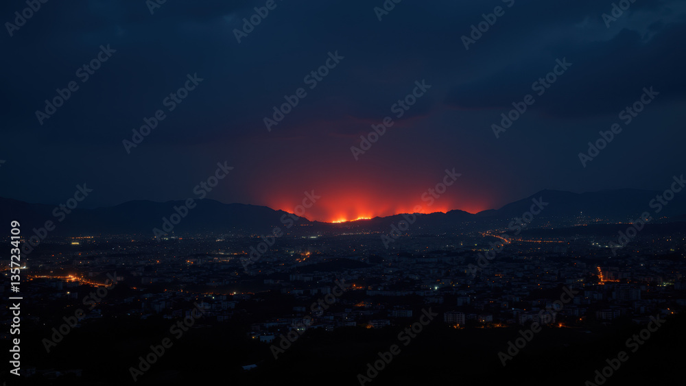 A nighttime view of a city skyline with a wildfire consuming hills and homes in the distance. A nighttime view of a city skyline with a wildfire consuming hills and homes in the distance.
