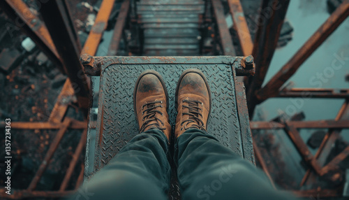 A person is standing on a sturdy metal platform, wearing brown work boots, with a view of rugged terrain nearby an industrial area
