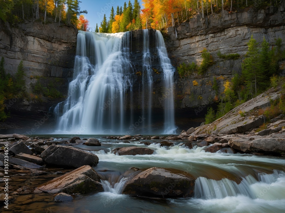 Fototapeta premium Chute de la Loup Falls: A Hidden Canadian Gem Where Powerful Cascades Carve Through Rugged Landscapes, Offering a Majestic Display of Nature’s Force Amidst Quebec’s Untamed Wilderness