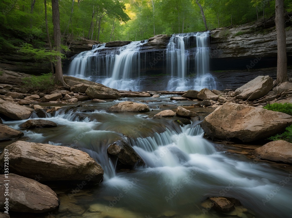 Obraz premium Discover Cascade Falls: A Captivating Michigan Landmark, Where Flowing Waters and Vibrant Lights Blend to Create a One-of-a-Kind Experience, Offering Beauty and Entertainment for All Ages