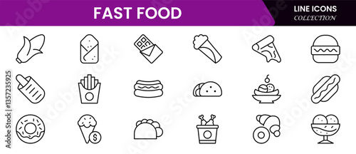 Fast food web icon set in line style. Pizza, chips, burger, french fries, hot dog, collection. Vector illustration.