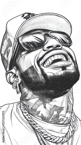 Black and White Vector Portrait of Rapper with Grillz Wearing Cap and Sunglasses