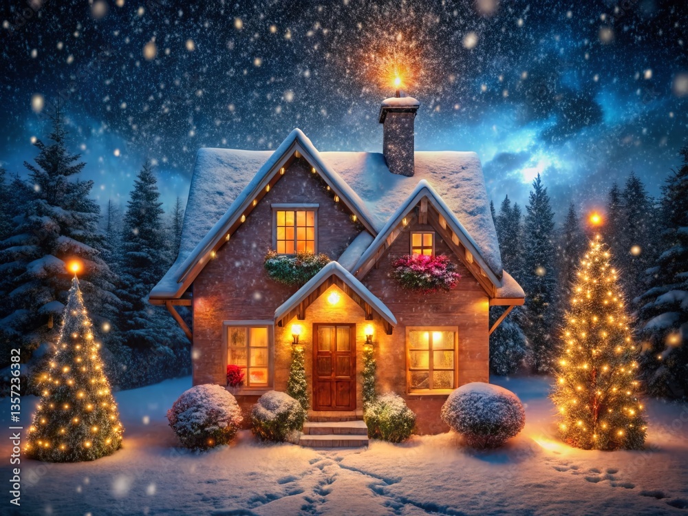 Fototapeta premium Magical Christmas House Night Lights Festive Holiday Home Exterior Illumination