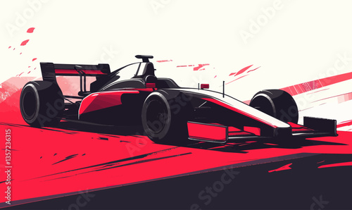 Flat Minimalist F1 Race Car Vector Illustration in Action on Isolated Background