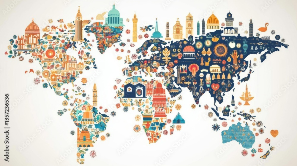 Fototapeta premium World Map Illustrated With Famous Landmarks And Symbols