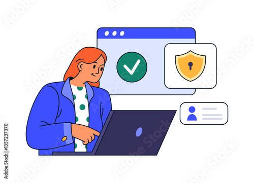 Virtual security and digital protection, flat cartoon vector illustration. Encryption of personal data and information at work and home. Woman with laptop using passwords for locking
