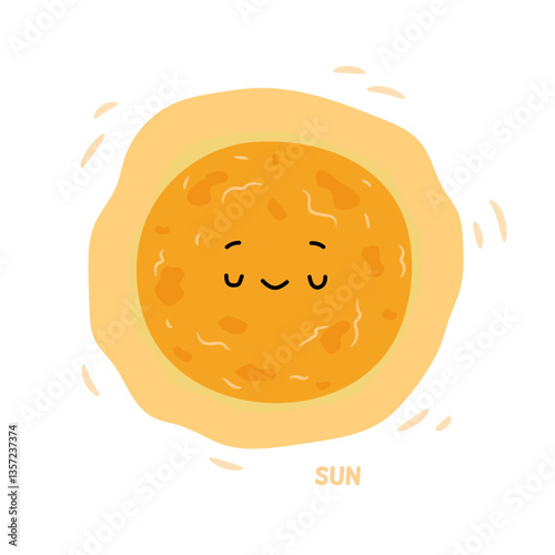 Cute sun character with closed eyes and calm facial expression. Vector in flat style, isolated space personage, celestial body in spherical shape. Solar system center, learning cosmos and universe