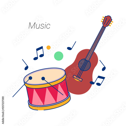 Music school discipline, subject and lessons in college or university. Vector isolated flat cartoon icon for student curriculum. Learning how to play musical instruments, drums and guitar