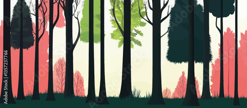 Flat Minimalist Forest Illustration with Colorful Trees in SVG Vector Design